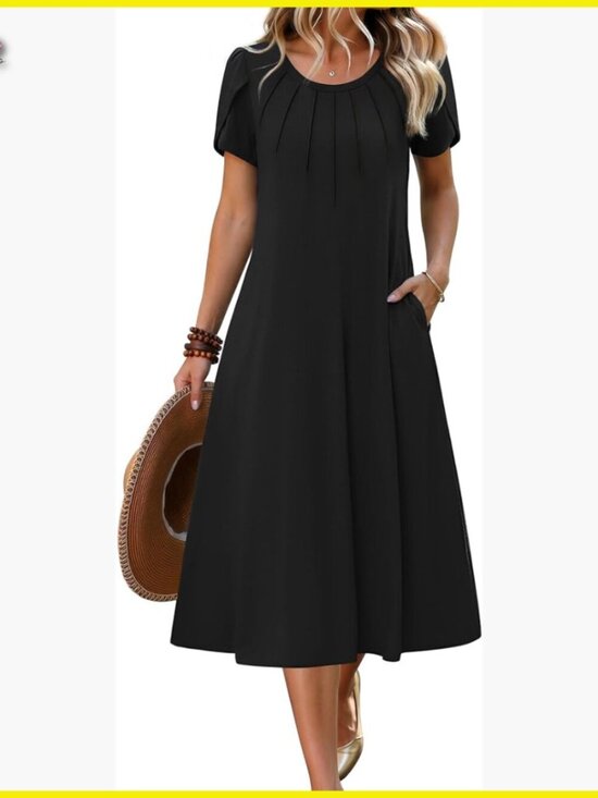 Dresses & Skirts - Pleated Midi Dress Boho Casual Summer Flowy A-Line Petal Sleeve Chic
